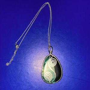 Boho Pendant Green & Black Divided by Silver Toned Swirls